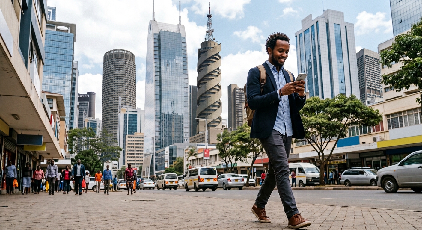 A professional investor using their phone on a modern African financial avenue