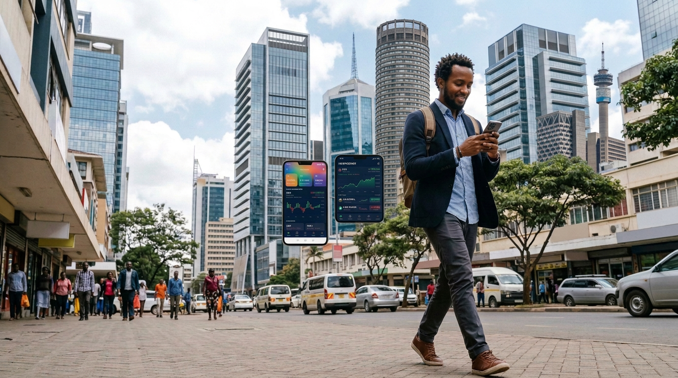 A young investor using a trading app in a modern African business district